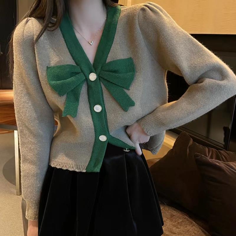 Áo Khoác Cardigan Dệt Kim Dáng Ôm Ngắn Cổ Chữ V Thắt Nơ Phong Cách Hàn Quốc Phương Tây Thời Trang Xuân Thu Mới Dành Cho Nữ