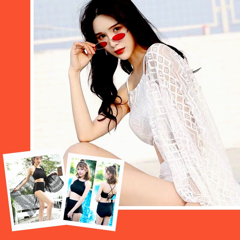 Bộ đồ bơi áo yếm cạp cao kèm khăn bộ bikini bơi gợi cảm 3 mảnh