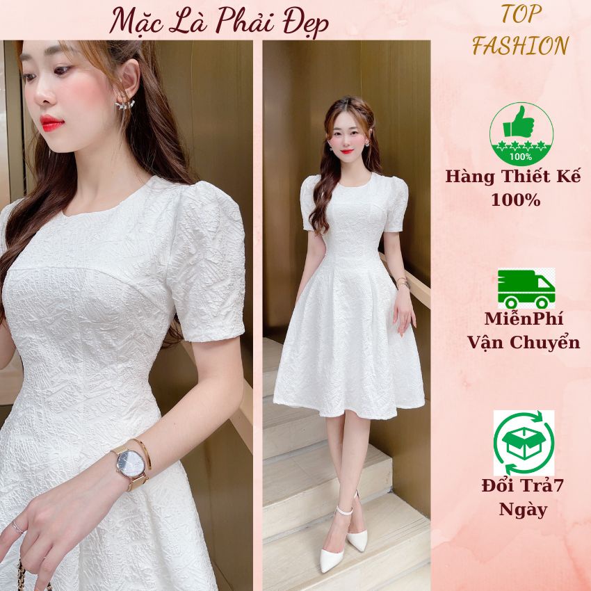 Đầm trắng tiểu thư dự tiệc TOPFASHION, Váy thiết kế chất liệu cao cấp thoáng mát