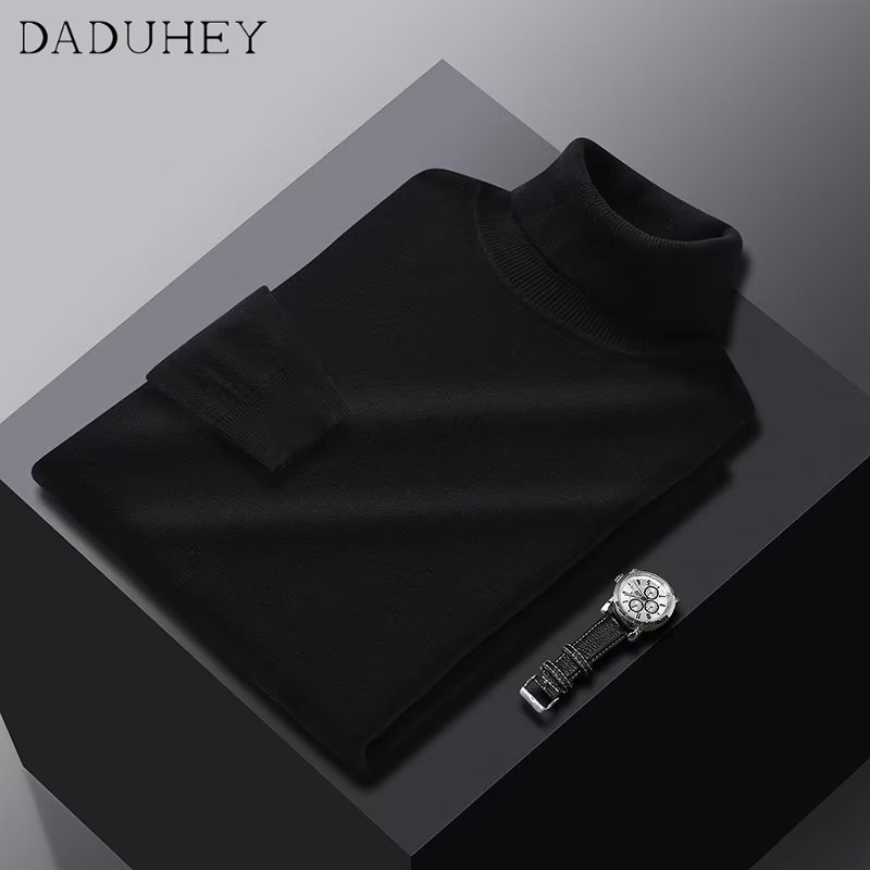 DaDuHey Men's Autumn Crew Neck Solid Color Woolen Sweater Business Casual Loose High Collar Knitted Bottoming Shirt
