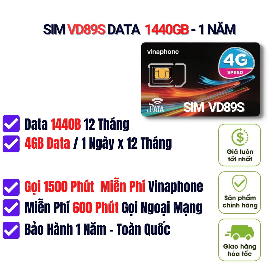 Sale Sim VD89S Giá Gốc , Data 2GB - 4GB 1 Ngày Sử Dụng 12 Tháng , Miễn Phí Gọi , Bảo Hành Gói Cước 1 Năm Toàn Quốc