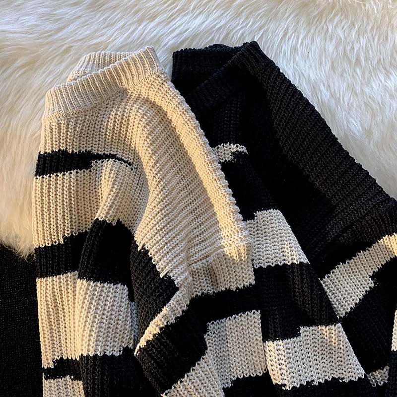 Áo sweater Dệt Kim Cổ Tròn Dáng Rộng Màu Sắc Tương Phản Thời Trang Mùa Đông Cho Nam