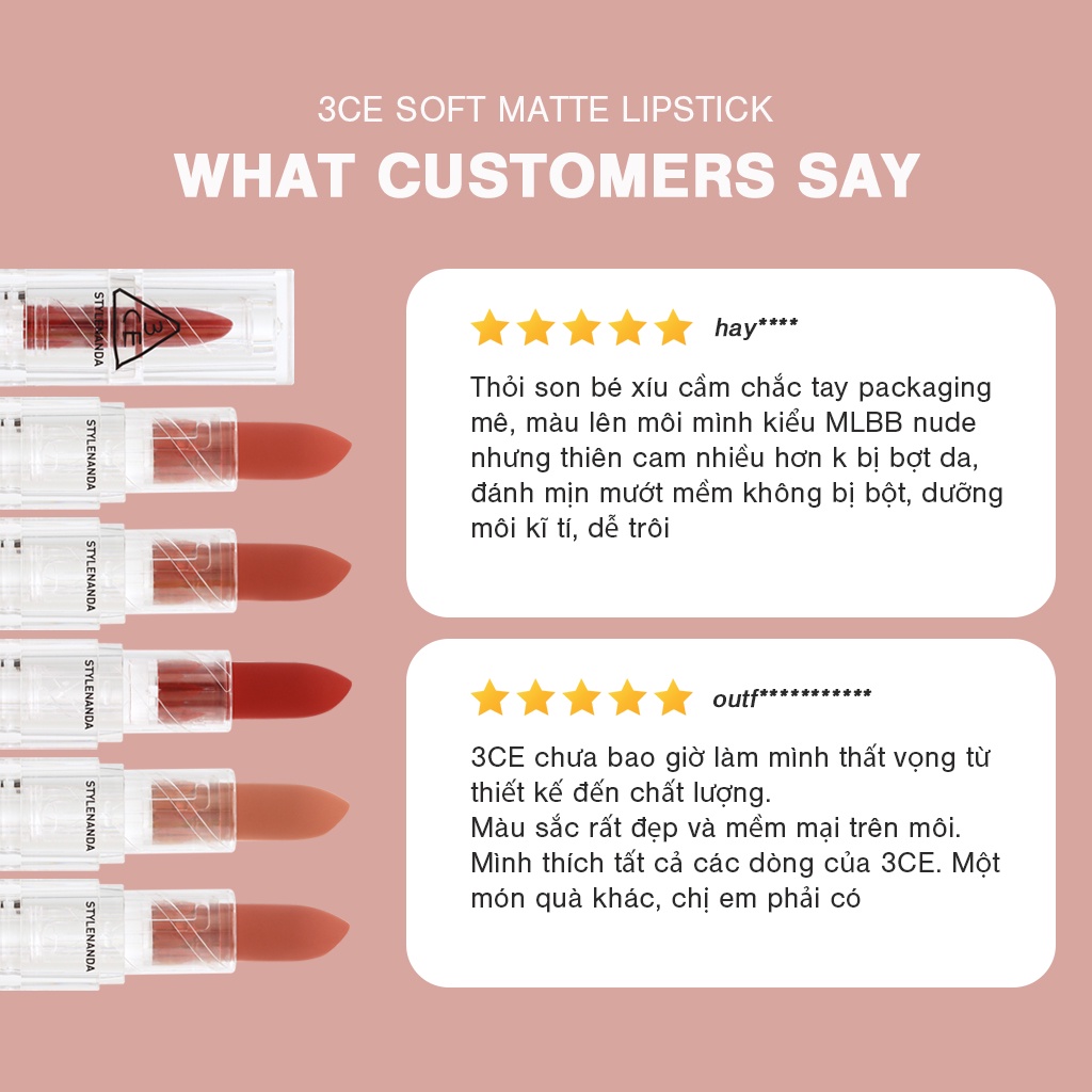 Son lì 3CE mịn màng thiết kế vỏ màu trong suốt đẹp mắt 3CE Soft Matte Lipstick 3.5g | Official Store Lip Make up Cosmetic