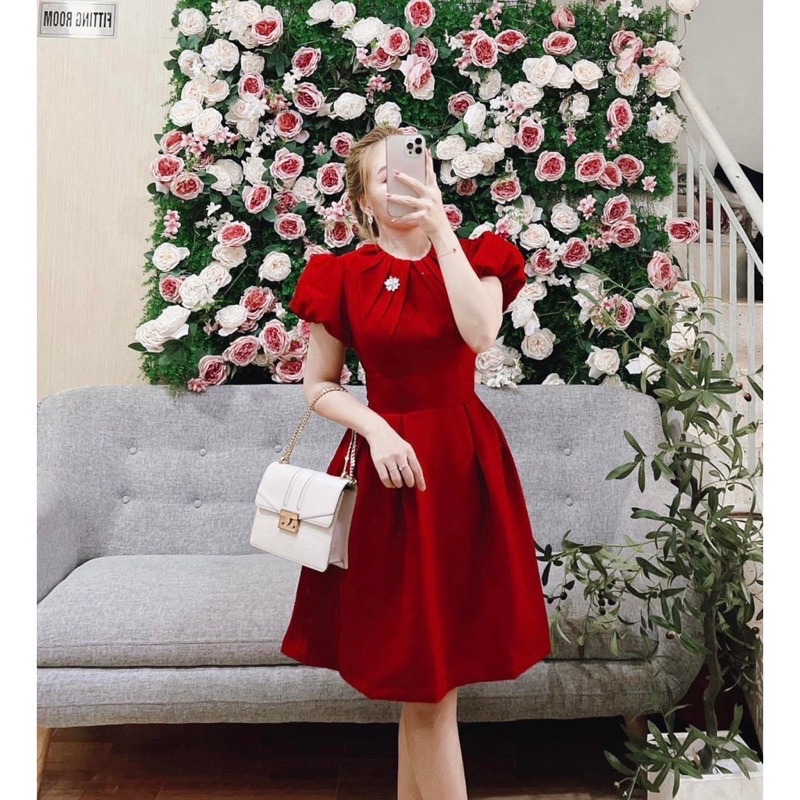 LIKEHER - ĐẦM DỰ TIỆC ĐẦM ĐỎ DỰ TIỆC CỔ TRÒN XẾP LY D3