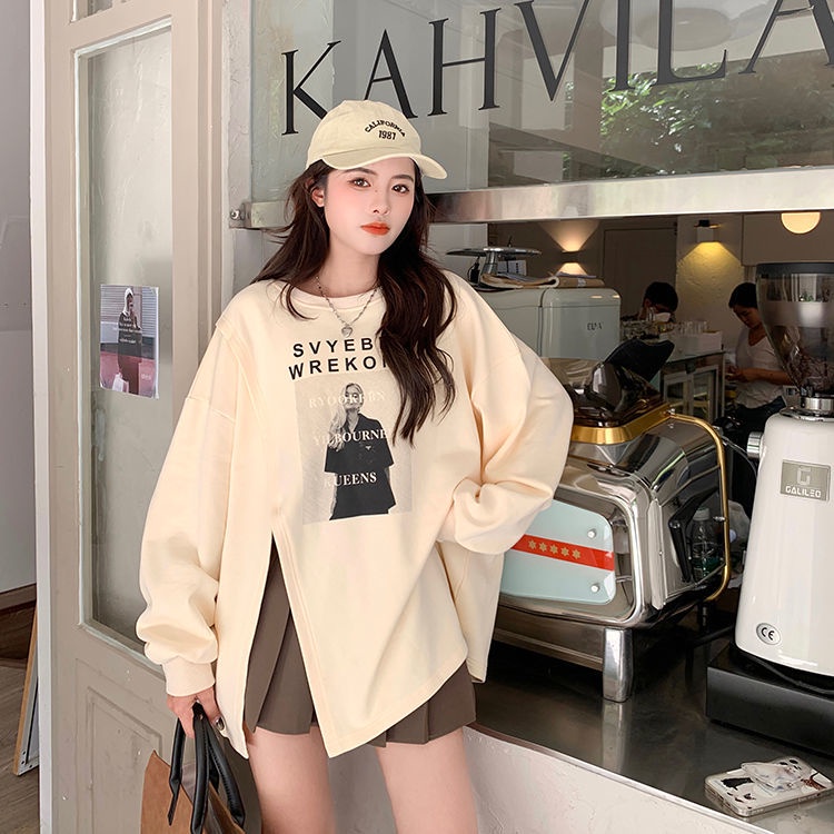 Áo Thun Tay Dài Dáng Rộng Cỡ Lớn Xẻ Tà Thời Trang Xuân Thu 2022 Mới