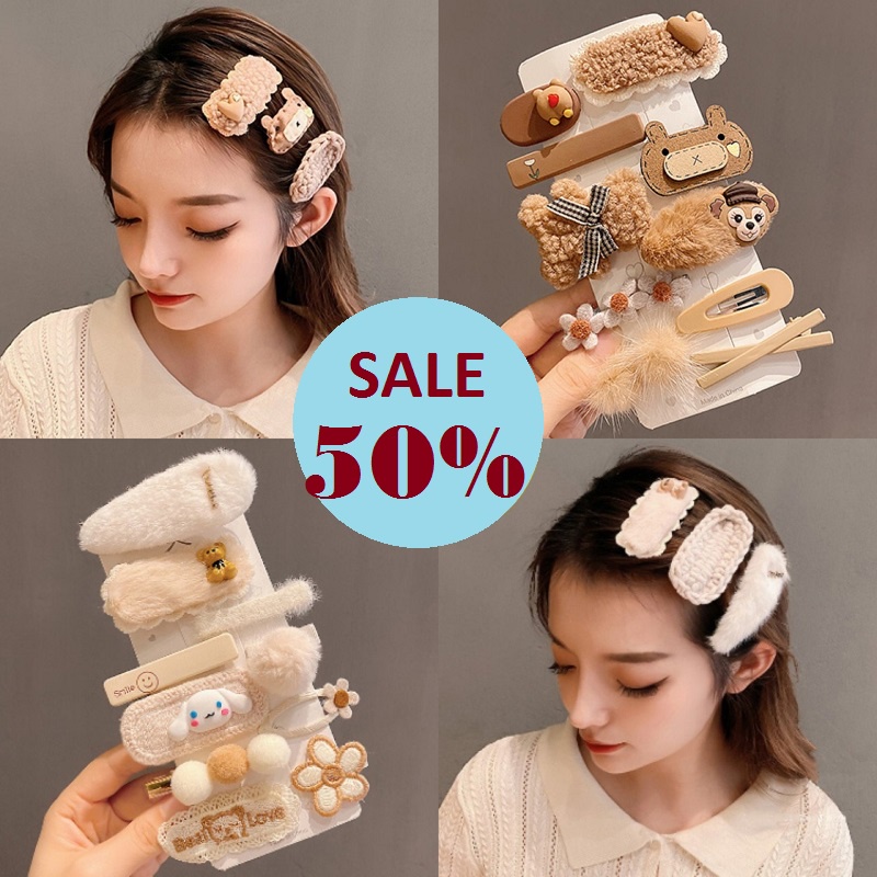 Combo Set 10 kẹp tóc hình hoạt họa nhồi bông phong cách Hàn Quốc xinh xắn,Cặp tóc mái lông siêu cute cho bé gái
