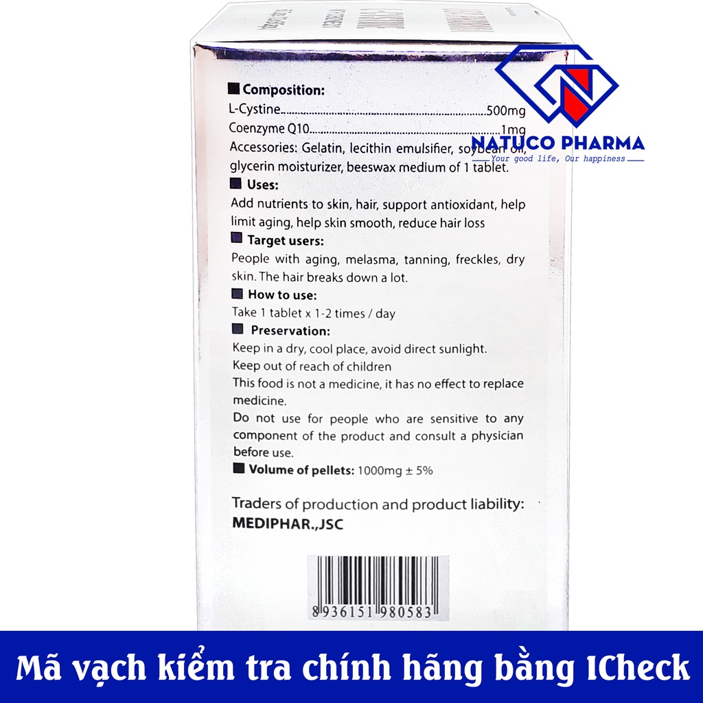 Viên uống L-Cystine with Coenzyme Q10 giúp đẹp da, khỏe tóc, giảm gãy rụng tóc, giảm nám sạm da - 60 viên