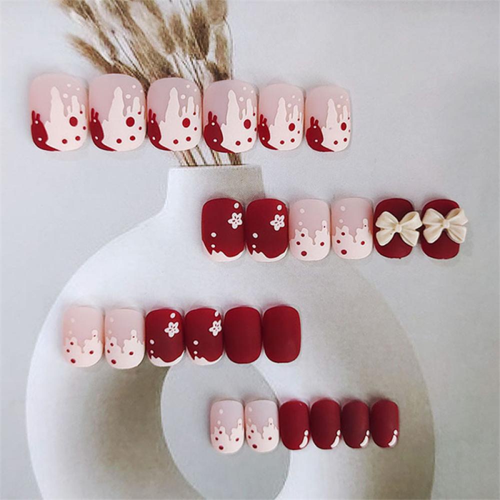 Bộ 24 Móng Tay Giả Ngắn Hình Nơ / Trái Tim Màu Xanh Dương K6P8