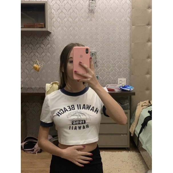 ✨Áo thun croptop tay ngắn nữ hoạt tiết chữ HAWAII BEACH✨