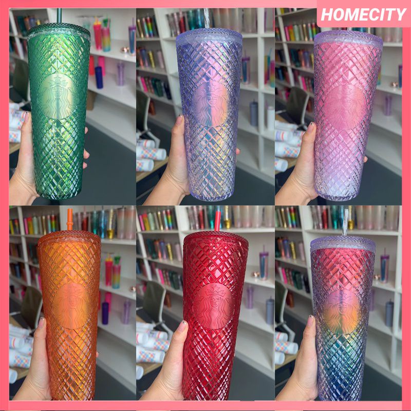 Nhà 710Ml/24Oz Starbuck Tumbler Nhựa 2 Lớp Ống Hút Cốc Lạnh Cốc Lấp Lánh Sầu Riêng Cup Nhiều Màu Sắc Di Động công Suất Lớn Tumbler Có Ống Hút