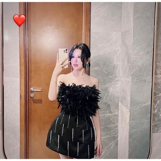 đầm 2 dây lông đính đá sang chảnh