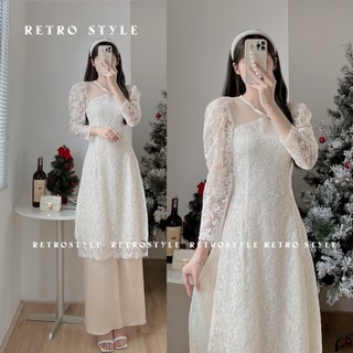 Set áo dài ren hoa nổi 2 lớp cổ lưới mã Aodaiphoicoluoi304
