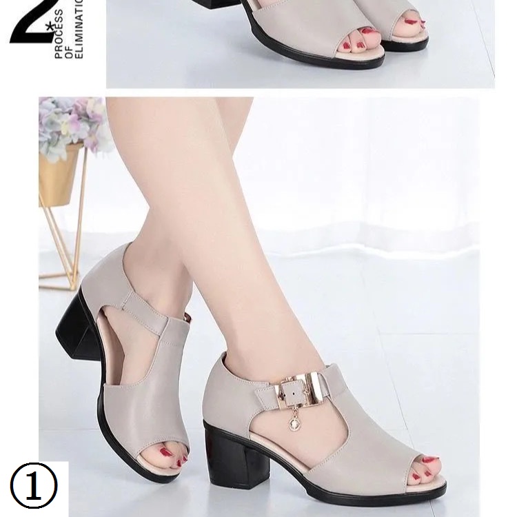 Giày Sandal Da Mềm Gót Vừa Dày Chống Trượt Phong Cách Mới 2021 Cho Phụ Nữ Trung Niên
