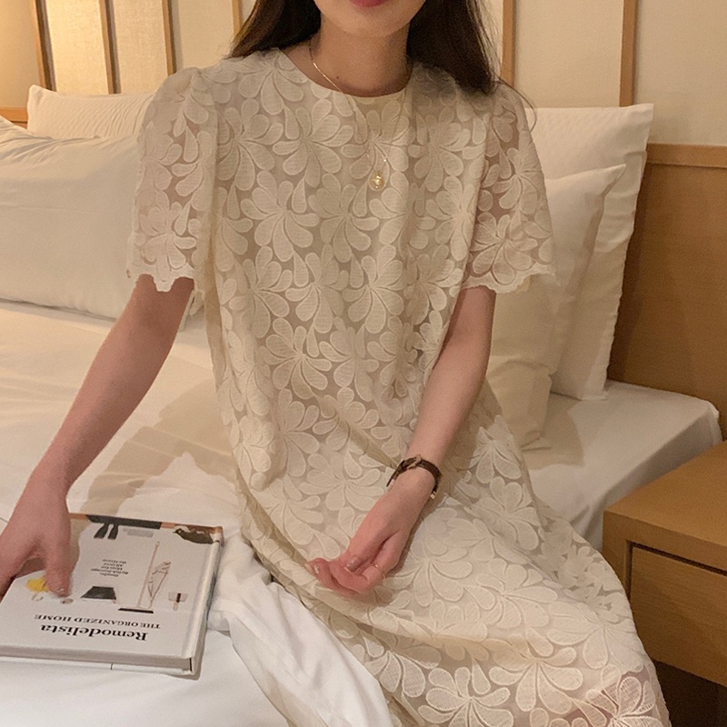 (ORDER) Váy ren trắng bông hoa cúc cộc tay suông dài nhẹ nhàng sang trọng style Hàn Quốc