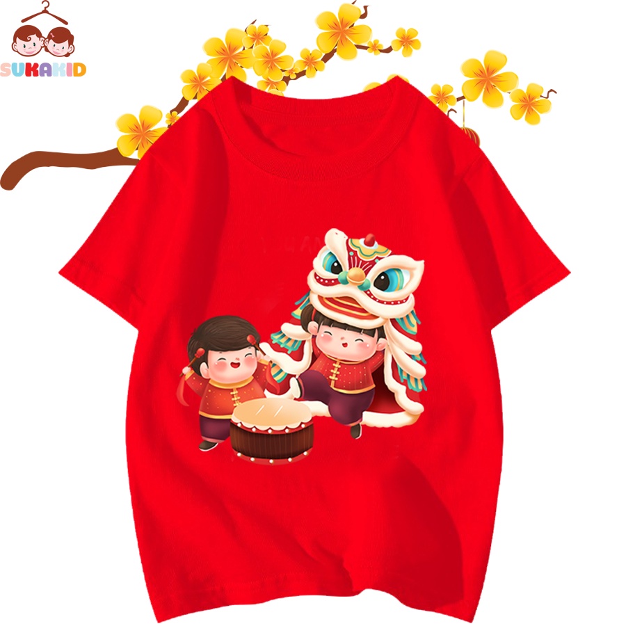 Áo thun trẻ em tết 2 bé múa lân trống cho bé từ 6kg-30kg.AT10.