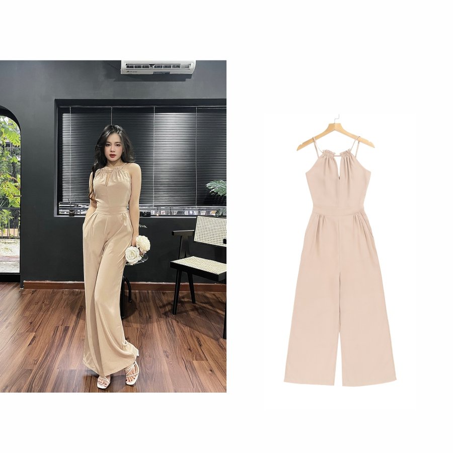 Bộ Jumpsuit áo bóp eo quần suông có túi tôn dáng