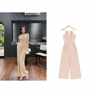 Bộ Jumpsuit áo bóp eo quần suông có túi tôn dáng, Sét áo liền quần nữ dài vải linen mềm mát không nhăn hàng sẵn màu Be