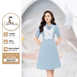 Đầm công sở CITI MODE FASHION thiết kế dáng A xanh phối ren DH3719