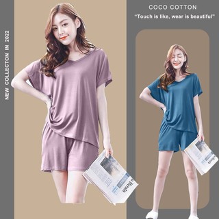 Bộ quần áo nữ cộc tay COCOCOTTON cổ tim 100% cotton CC06