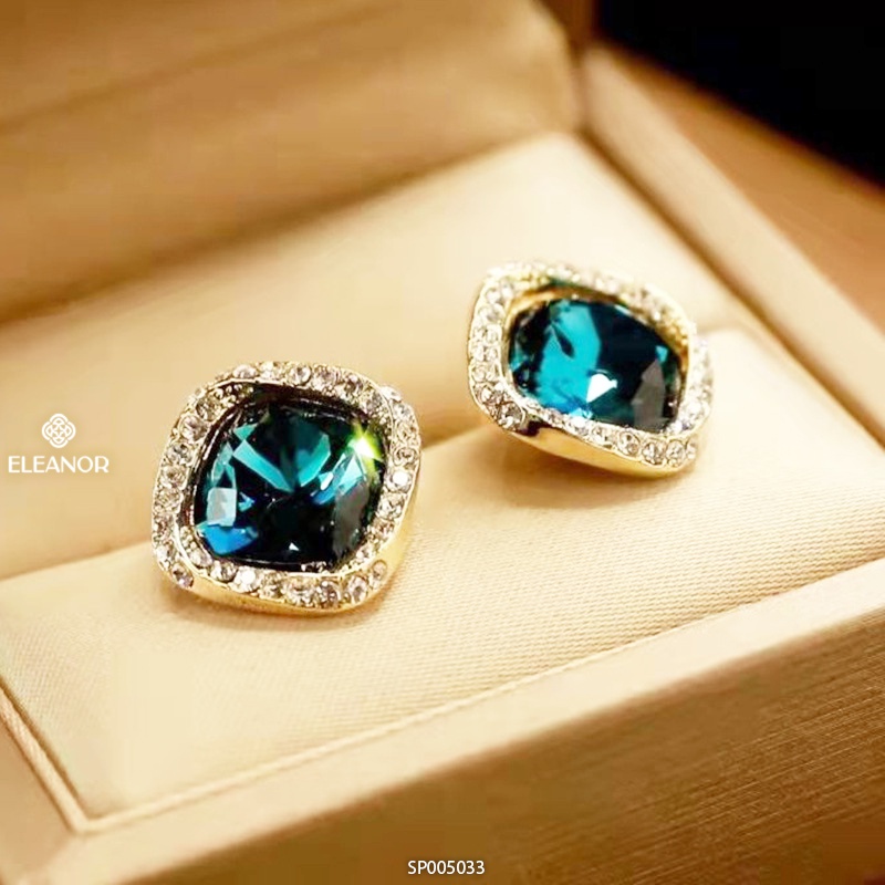 Bông tai nữ chuôi bạc 925 Eleanor Accessories hình vuông đính đá xanh phụ kiện trang sức 5033