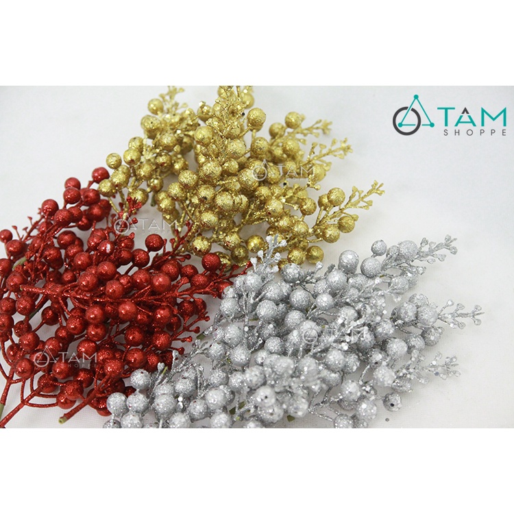 Combo 6 cành cherry trang trí Noel phủ kim tuyến số 18