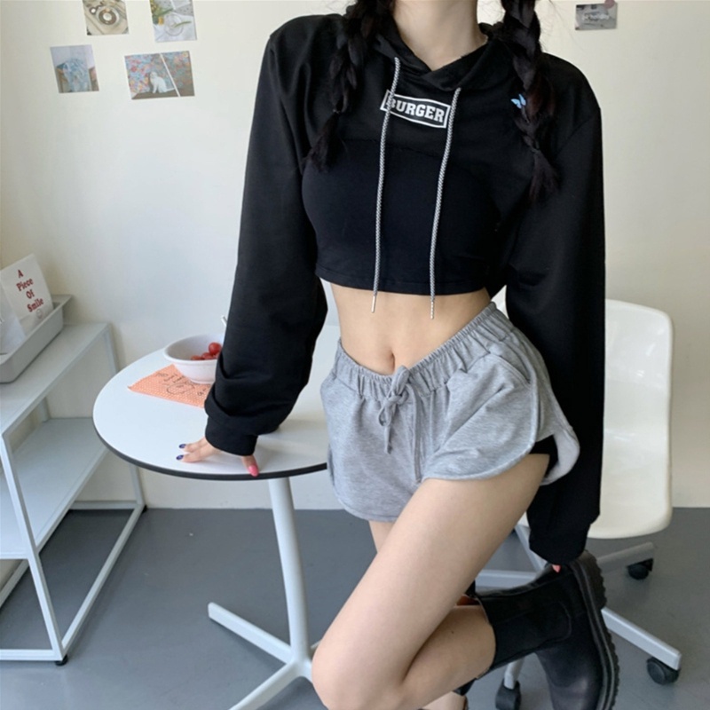 Xiangbao Áo Hoodie Crop Top Dáng Rộng Khoét Lỗ Hở Lưng Phối Dây Rút Gợi Cảm Cho Nữ