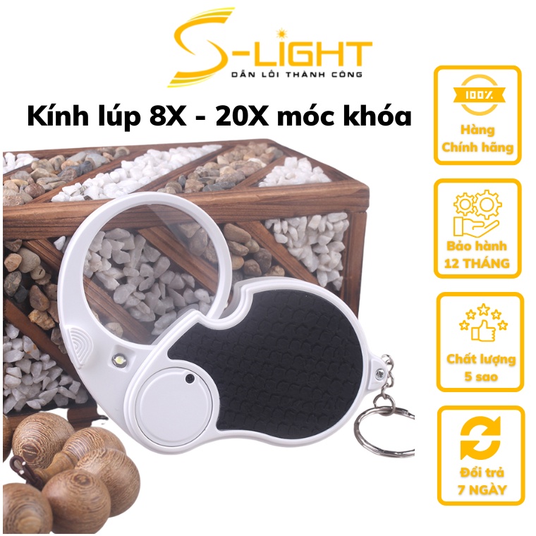 Kính lúp 8X - 20X móc khóa có đèn led soi vòng đeo tay, đồ phong thủy