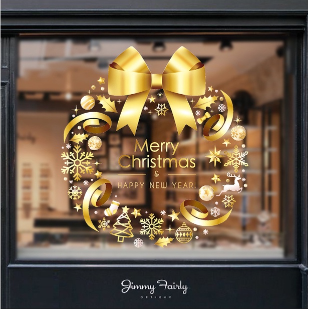 Decal trang trí Noel hít tĩnh điện - Vòng nguyệt quế ánh vàng
