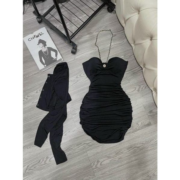 Sét ĐẦM BODY CÚP NGỰC + ÁO KHOÁC DÀI TAY, Điểm nhấn nơ ngực ,dây xích, dáng ôm nữ tính // Thương Thương Shop.