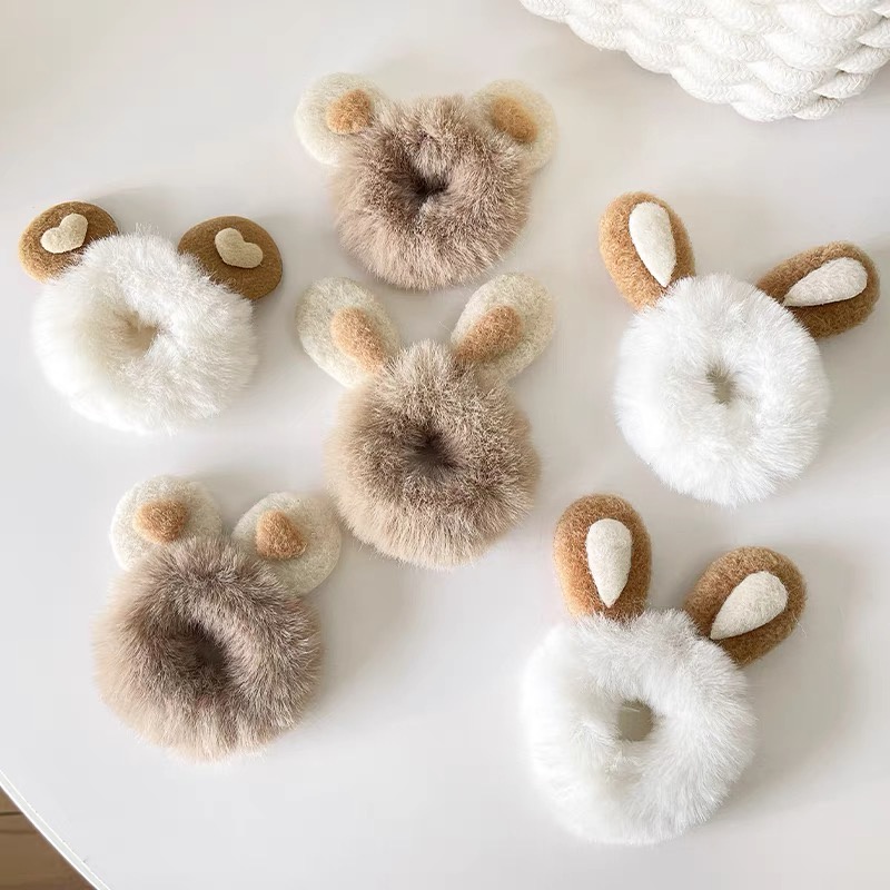 Dây Cột Tóc Cao Su Hình Tai Thỏ / Gấu Bằng Lông Nhung Dễ Thương Xinh Xắn