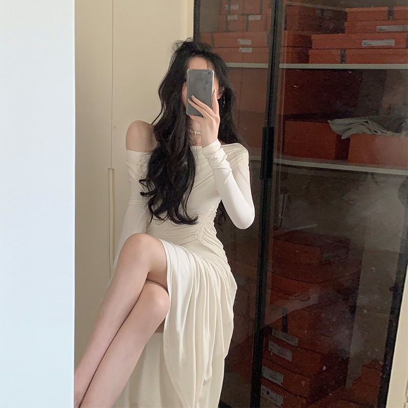 Đầm Tay Dài Hở Vai Màu Sắc Trơn Thời Trang Dành Cho Nữ