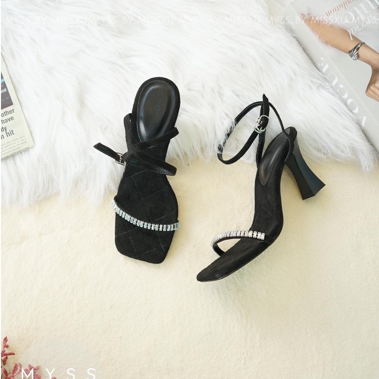 Giày sandal dây mảnh đính đá gót trụ 7cm cao cấp thời trang MYSS - SD169