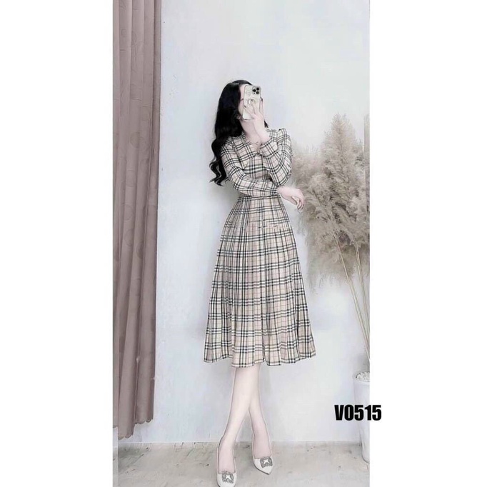 (FreeShip 2022) Đầm caro tay dài dáng xòe,đầm cổ bẻ phong cách hàn thích hợp cho nàng dạo phố,đi tiệc