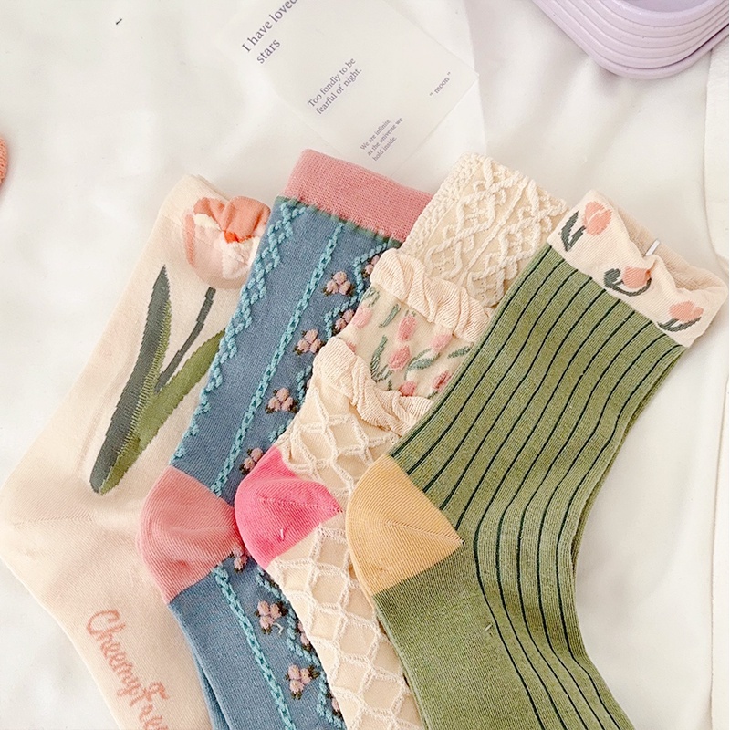 Vớ Ống Thoáng Khí Họa Tiết Hoa Tulip Thời Trang Mùa Đông Cho Nữ