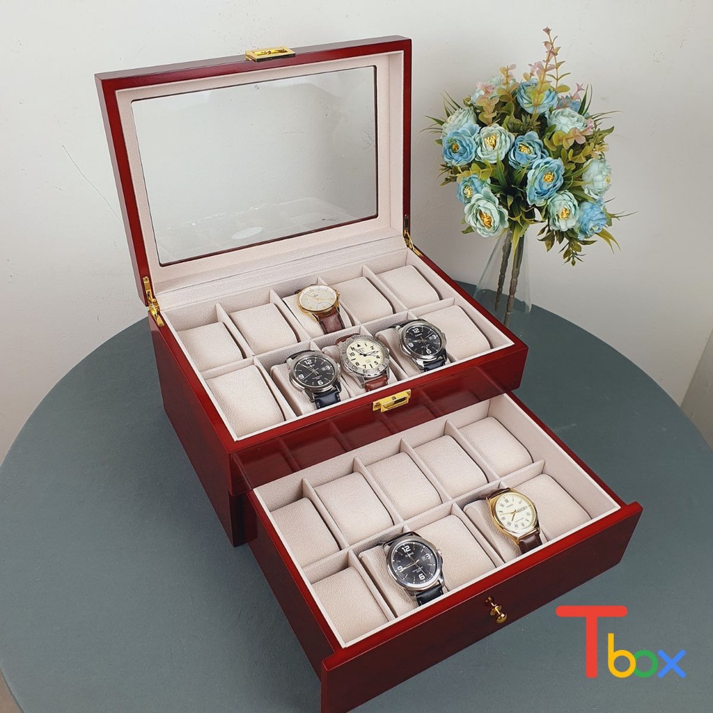 HỘP ĐỰNG ĐỒNG HỒ Hộp trưng bày 20 chiếc đồng hồ 2 tầng bằng gỗ màu đỏ cao cấp