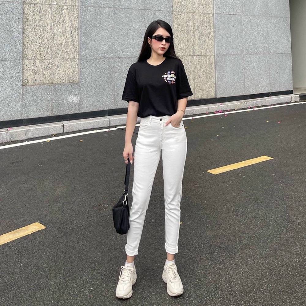 Quần jean nữ boyfriend baggy trơn dài đen và trắng co giãn HQJEANS