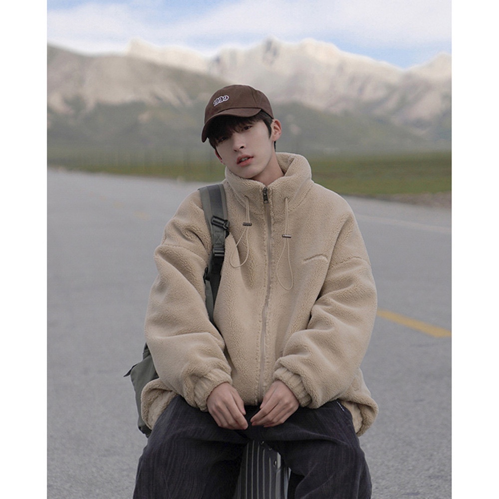 ÁO KHOÁC LÔNG CỪU Mùa đông mới áo khoác đệm bông cho nam cổ đứng len cừu áo khoác đệm bông hợp thời trang rộng phù hợp v