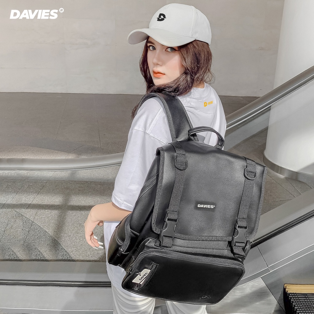 Balo đi học da nam nữ Davies màu đen Leather Box Backpack |D-P35