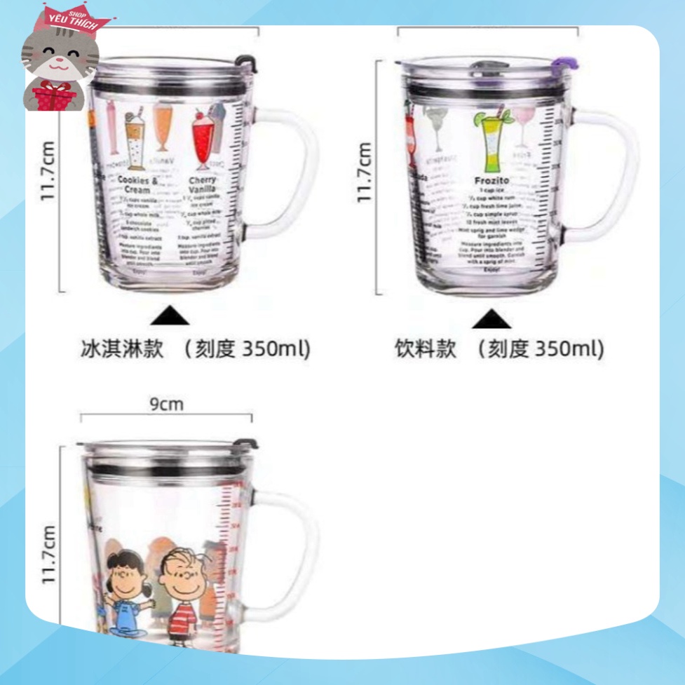 Ly Thuỷ Tinh Chia vạch 350 ml Hoạ Tiết Hoạt Hình Có Nắp Đậy Chân Không Cốc Thủy Tinh Uống Trà Sữa Có Ống hút