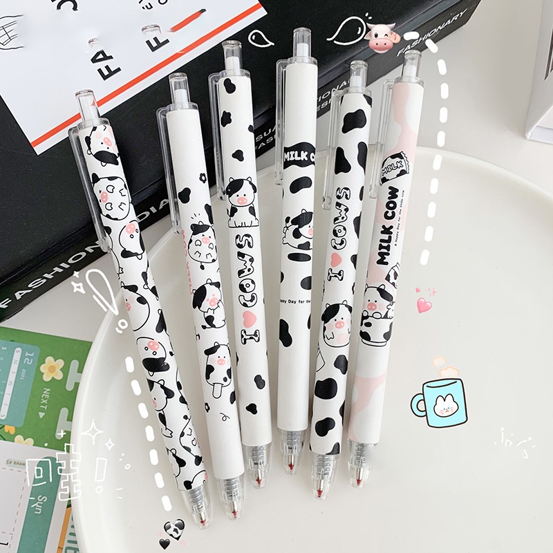 Bút Bi Viết Đen Trắng Bút Bấm Hình Bò Sữa - Bút Bi Nước Học Sinh, Sinh Viên Văn Phòng Mực Đen