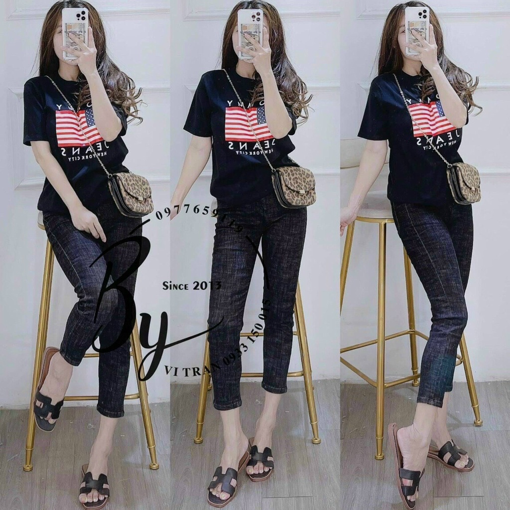 Áo Thun Giấy From Rộng Cổ Tròn Ngắn Tay Phôi In Hình Lá Cờ Mỹ Tiểu Thư TTSLA0990