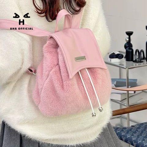 Balo AHA official dây rút cỡ lớn phối lông thời trang cho học sinh