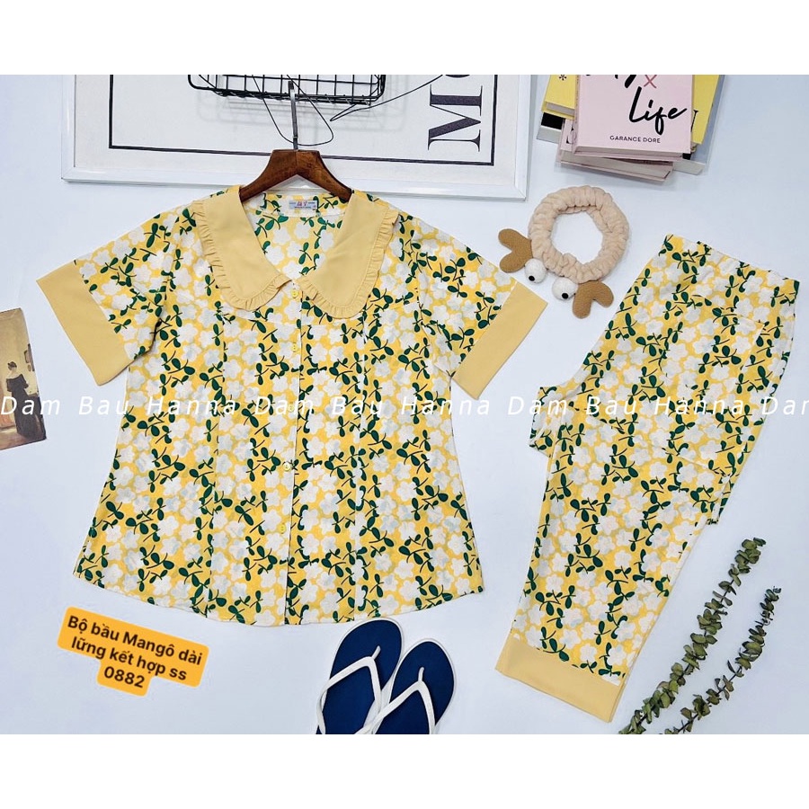 [HANNA 40-65KG] Đồ bộ bầu và sau sinh tay ngắn quần dài free size có khóa cho bé ty có lưng thun điều chỉnh bụng có 2 si