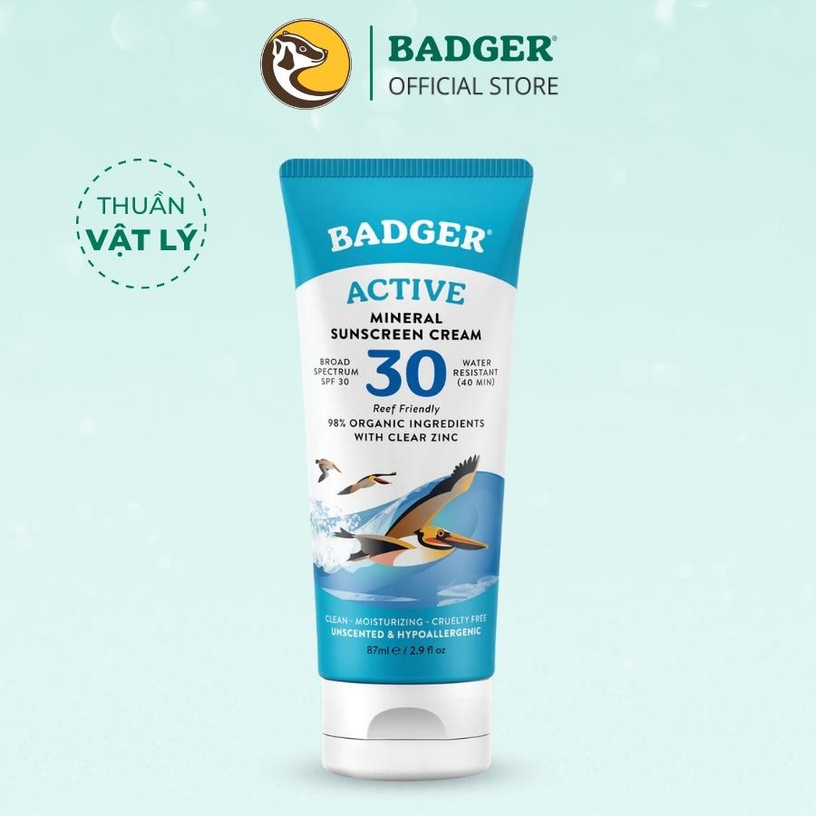 Kem chống nắng vật lý BADGER SPF 30 Active Sunscreen dưỡng ẩm hàng ngày phổ rộng an toàn cho bà bầu, da mụn khô nhạy cảm