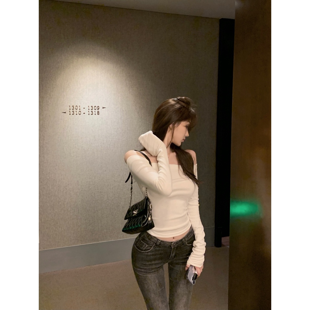 Nevaeh Áo Thun Tay Dài Màu Trơn Ôm Dáng Màu Trơn Thiết Kế Hở Vai Thời Trang Mùa Thu Hàn Quốc Cho Nữ