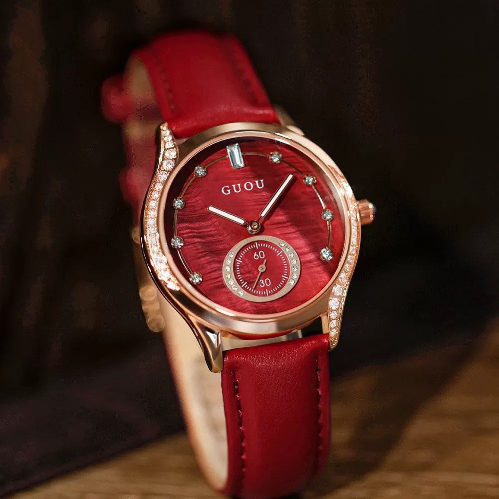Đồng hồ nữ, đồng hồ Guou mặt tròn, kính sapphire dáng kim cương sáng - FULL thẻ , hộp hãng bảo hành 12 tháng