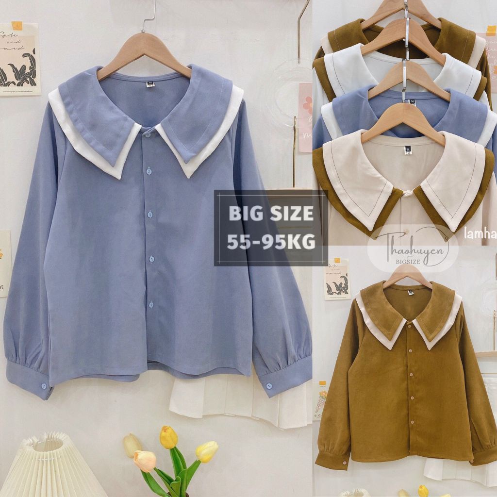 (Bigsize 50-85kg) Áo sơ mi bigsize nữ kiểu cổ phối màu, from rộng, chất liệu nhung tăm, phong cách Hàn Quốc xinh xắn