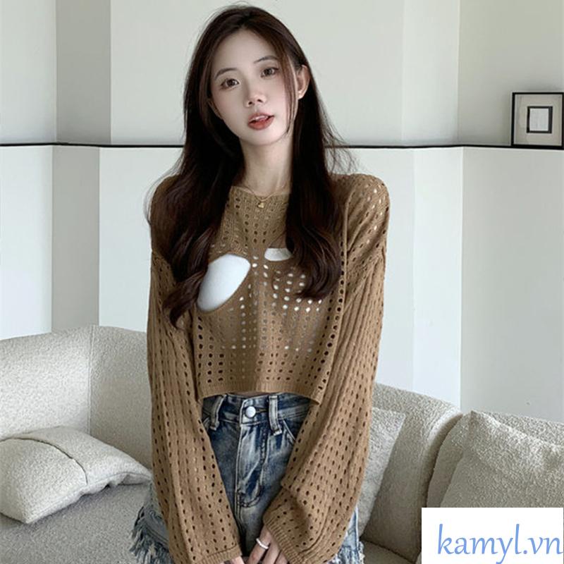 Kamyl🌸 Áo croptop dệt kim tay dài chống nắng thời trang phong cách Hàn Quốc cho nữ Áo croptop dệt kim tay dài  áo khoác ngoài sành điệu | BigBuy360 - bigbuy360.vn