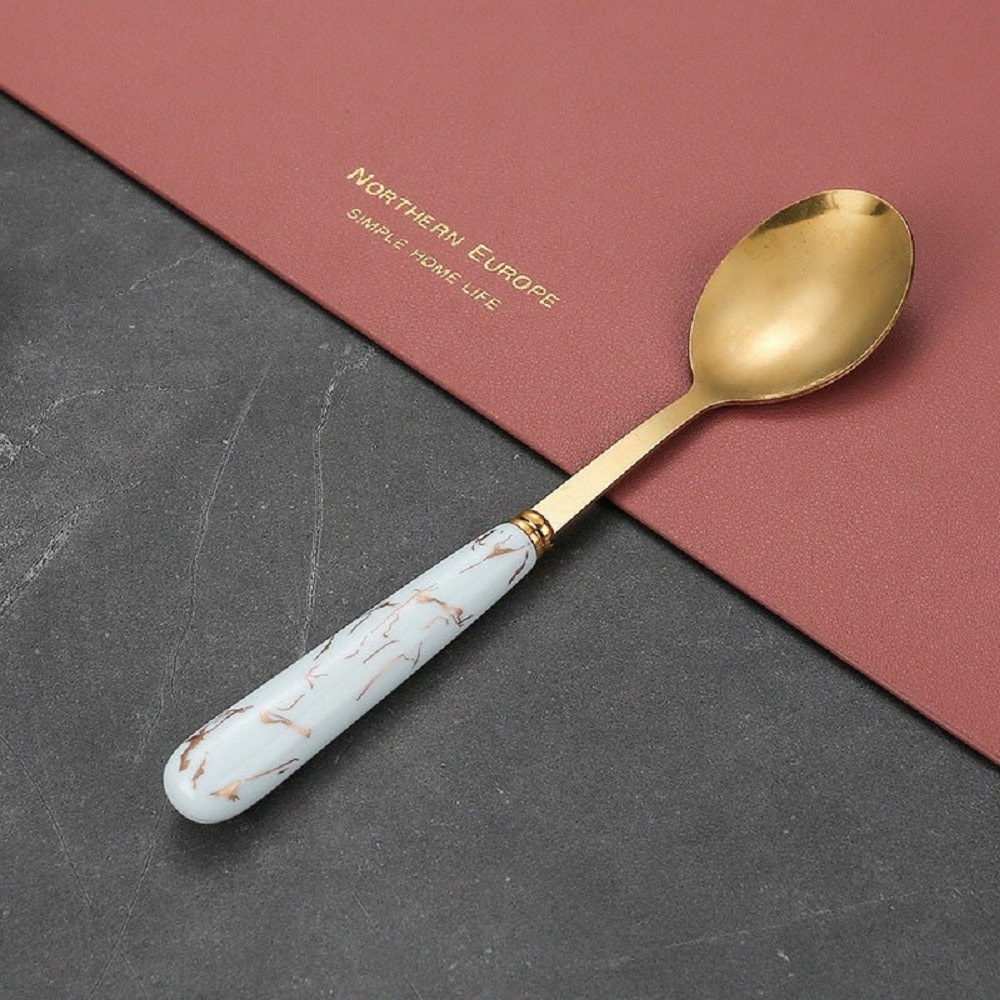 (Bộ 6) Thìa Inox Mạ Vàng, Chuôi Vân Đá Sang Trọng 17cm, kèm hộp. KM 20115