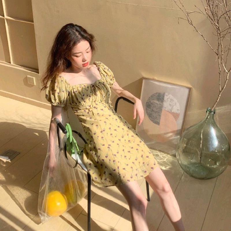 Đầm Dáng Chữ A Cổ Vuông Họa Tiết Hoa tulip Phong Cách Pháp Thời Trang Cho Nữ